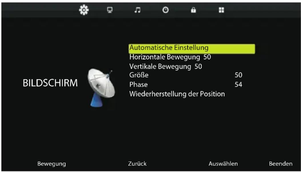 Automatische Einstellung Horizontale Bewegung 50 Vertikale Bewegung 50 Größe 50 Phase 54 Wiederherstellung der Position BILDSCHIRM Bewegung Zurück Auswählen Beenden