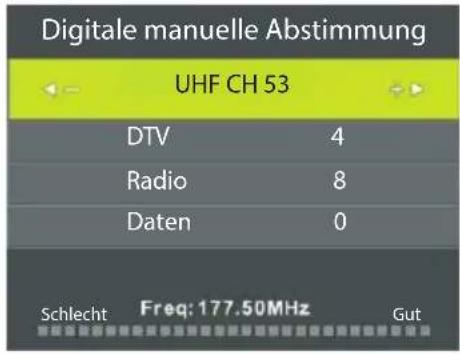 Digitale manuelle Abstimmung UHF CH 53 DTV 4 Radio 8 Daten 0 Schlecht Freq: 177.50MHz Gut