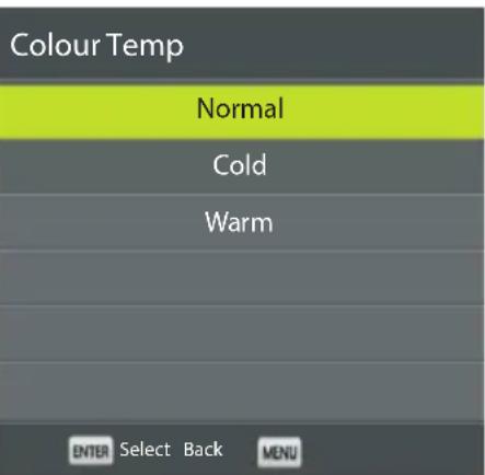 Colour Temp Normal Cold Warm ENTER Select Back MENU
