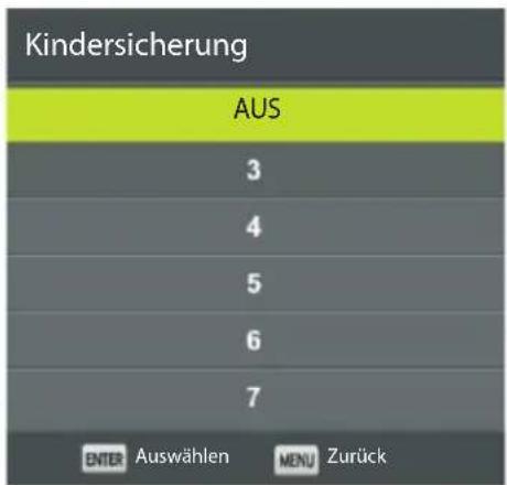 Kindersicherung AUS 3 4 5 6 7 ENTER Auswählen MENU Zurück