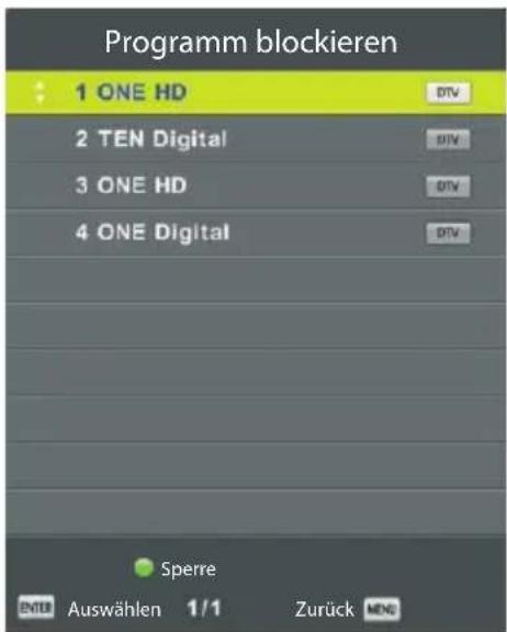 Programm blockieren 1 ONE HD 2 TEN Digital 3 ONE HD 4 ONE Digital Sperre ENTU Auswählen 1/1 Zurück MNC