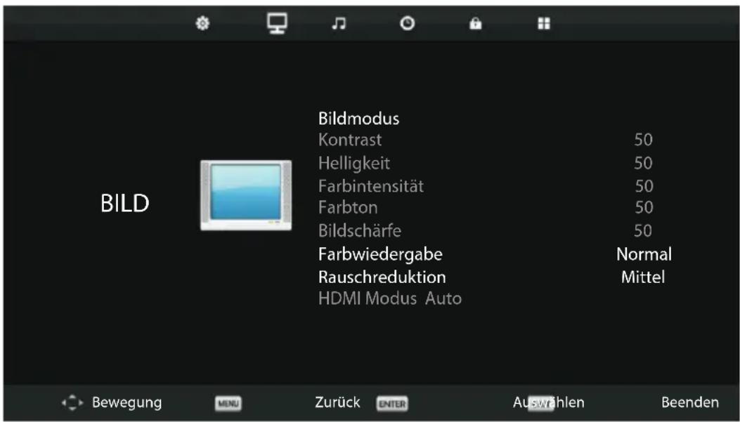 BILD Bildmodus Kontrast 50 Helligkeit 50 Farbintensität 50 Farbton 50 Bildschärfe 50 Farbwiedergabe Normal Rauschreduktion Mittel HDMI Modus Auto Bewegung MENU Zurück ENTER Auswählen Beenden