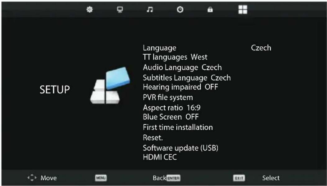 Language TT languages West Audio Language Czech Subtitles Language Czech Hearing impaired OFF PVR file system Aspect ratio 16:9 Blue Screen OFF First time installation Reset. Software update (USB) HDMI CEC Czech SETUP Move MENU Back ENTER EXIT Select