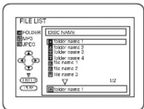 FILE LIST POLDER MP3 JPC3 DISC NAME folder name 1 folder name 2 folder name 3 folder name 4 file name 1 file name 2 file name 3 1/2 folder name 1
