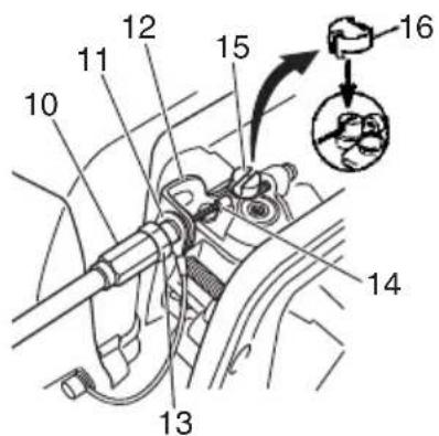 Technical diagram of a mechanical assembly with numbered components and an inset showing a component labeled 16.