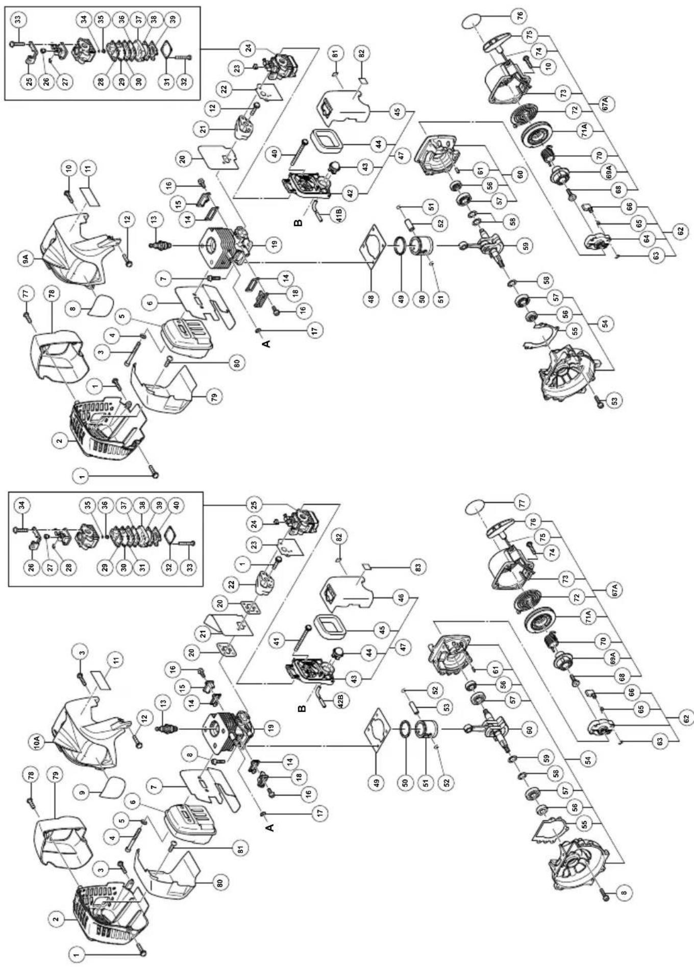 Exploded view diagram of a mechanical assembly with numbered components and exploded views