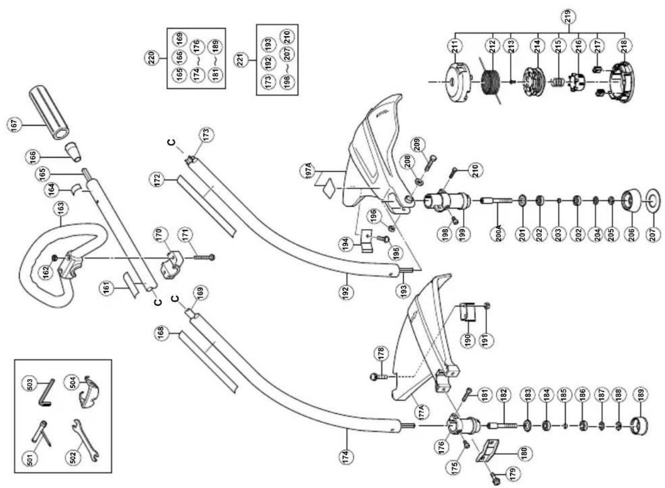 Exploded view diagram of a mechanical assembly with numbered parts and component labels