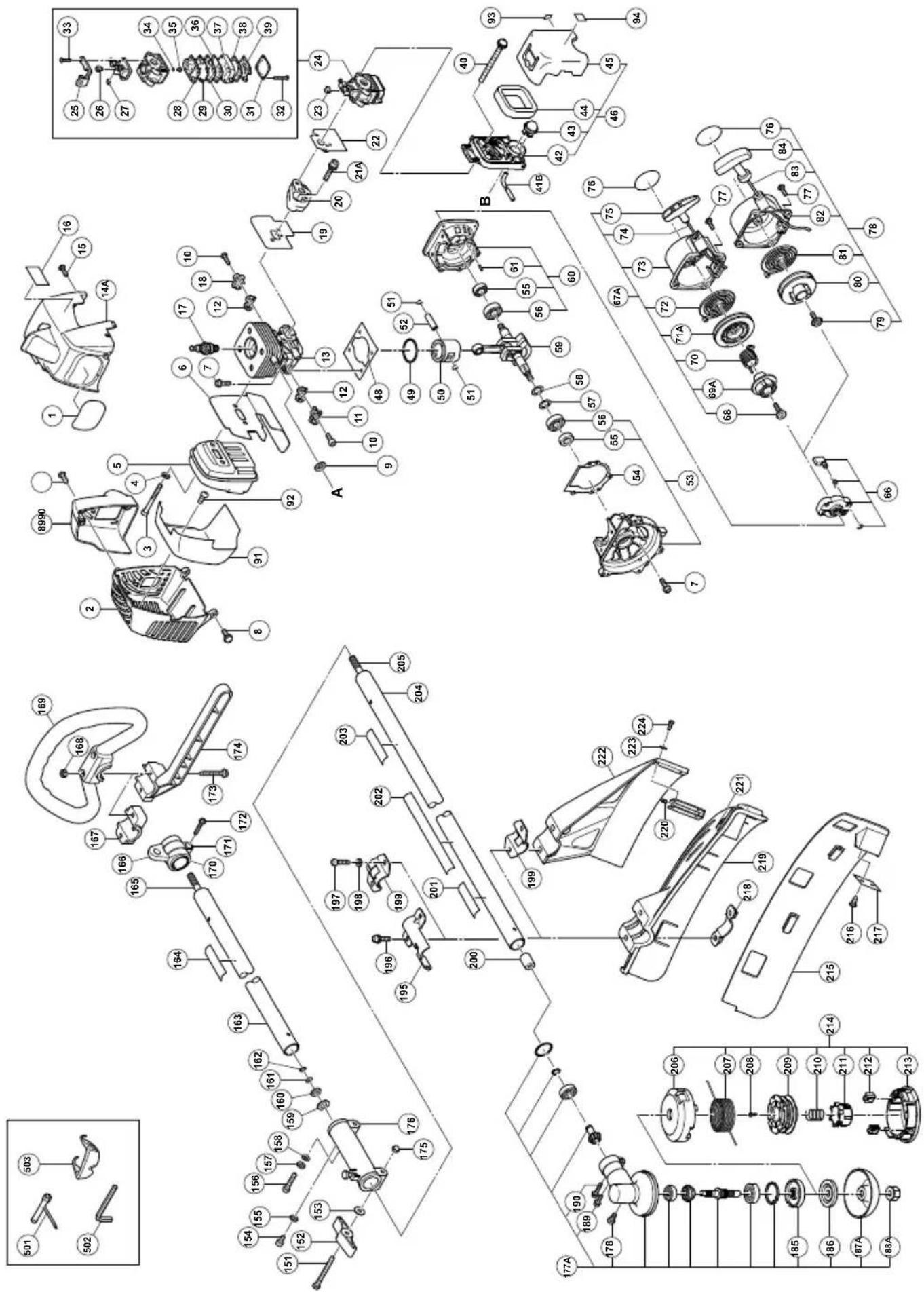 Exploded view diagram of a mechanical assembly with numbered parts and exploded views, including labeled components like gears, motors, and housing.