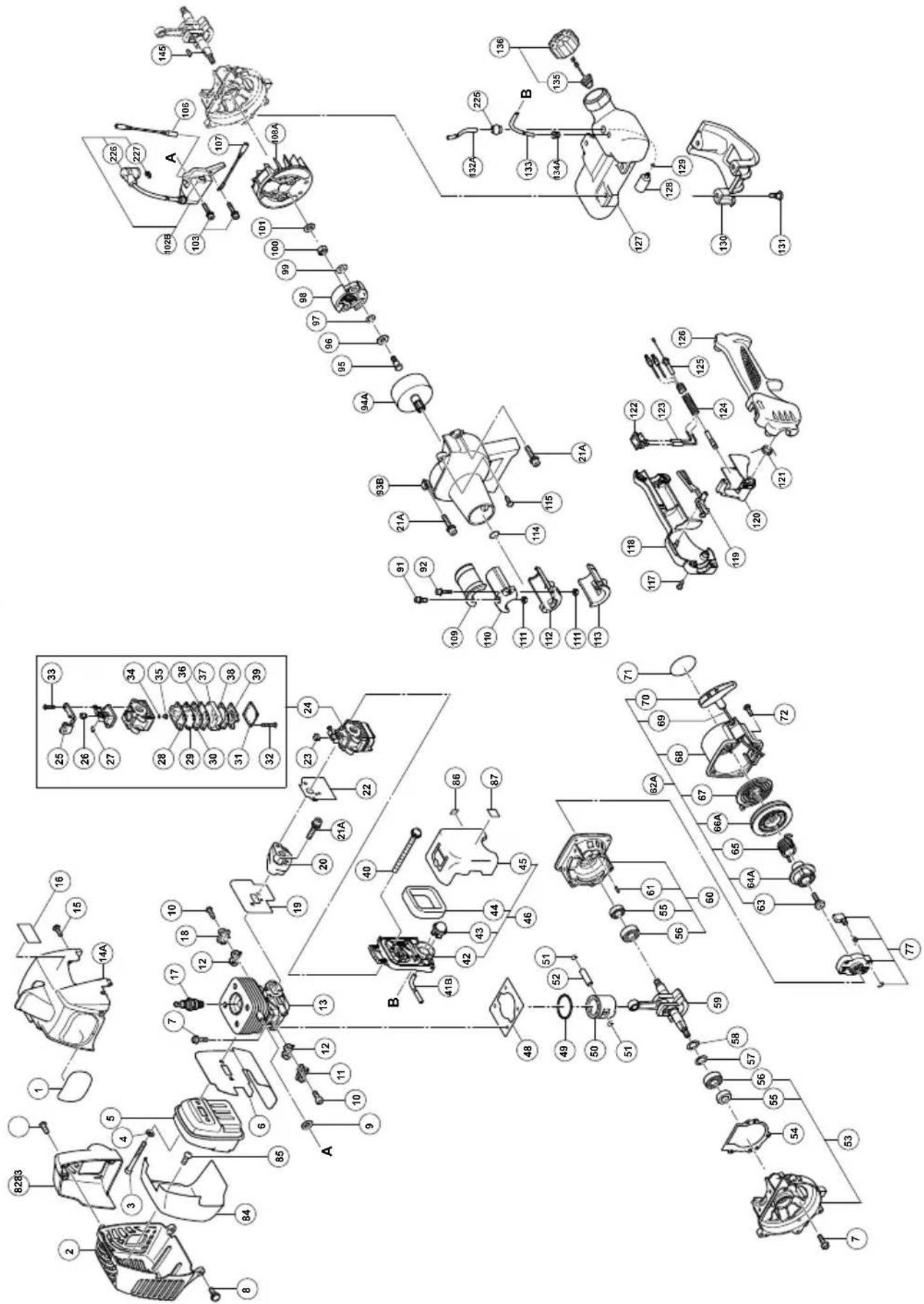 Exploded view diagram of a mechanical assembly with numbered components and labeled parts A, B, and C.