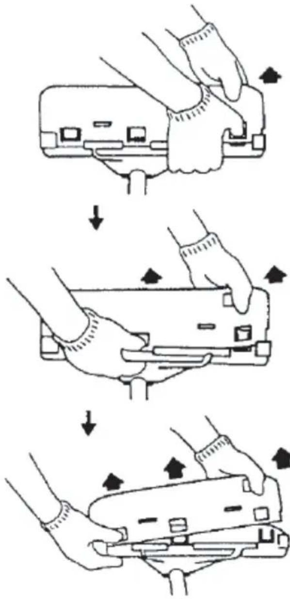 Diagram illustrating three-step mechanical assembly steps with arrows indicating motion direction