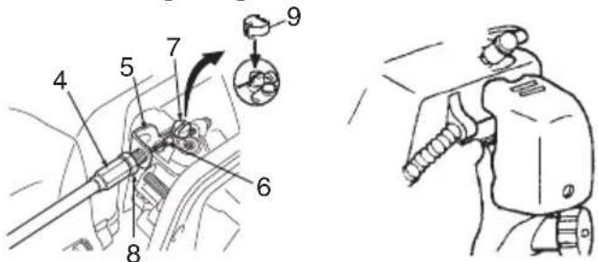 Technical diagram showing mechanical assembly with numbered components and a close-up of a device's motion path.