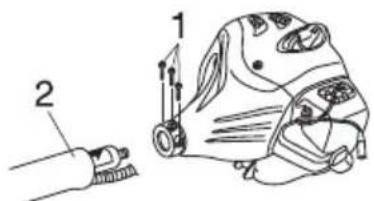 Diagram showing two labeled parts of a mechanical device with arrows indicating motion or force direction