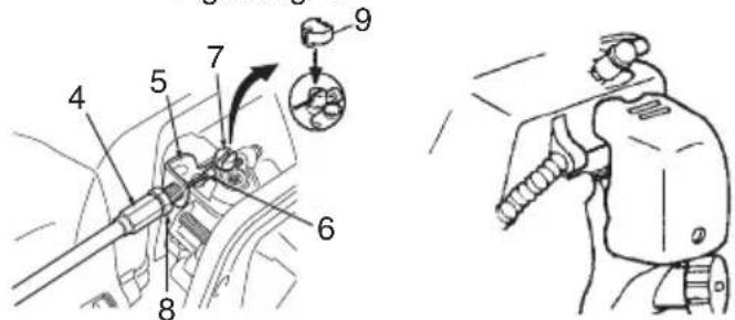 Technical diagram showing mechanical assembly with numbered components and a close-up of a spray gun mechanism