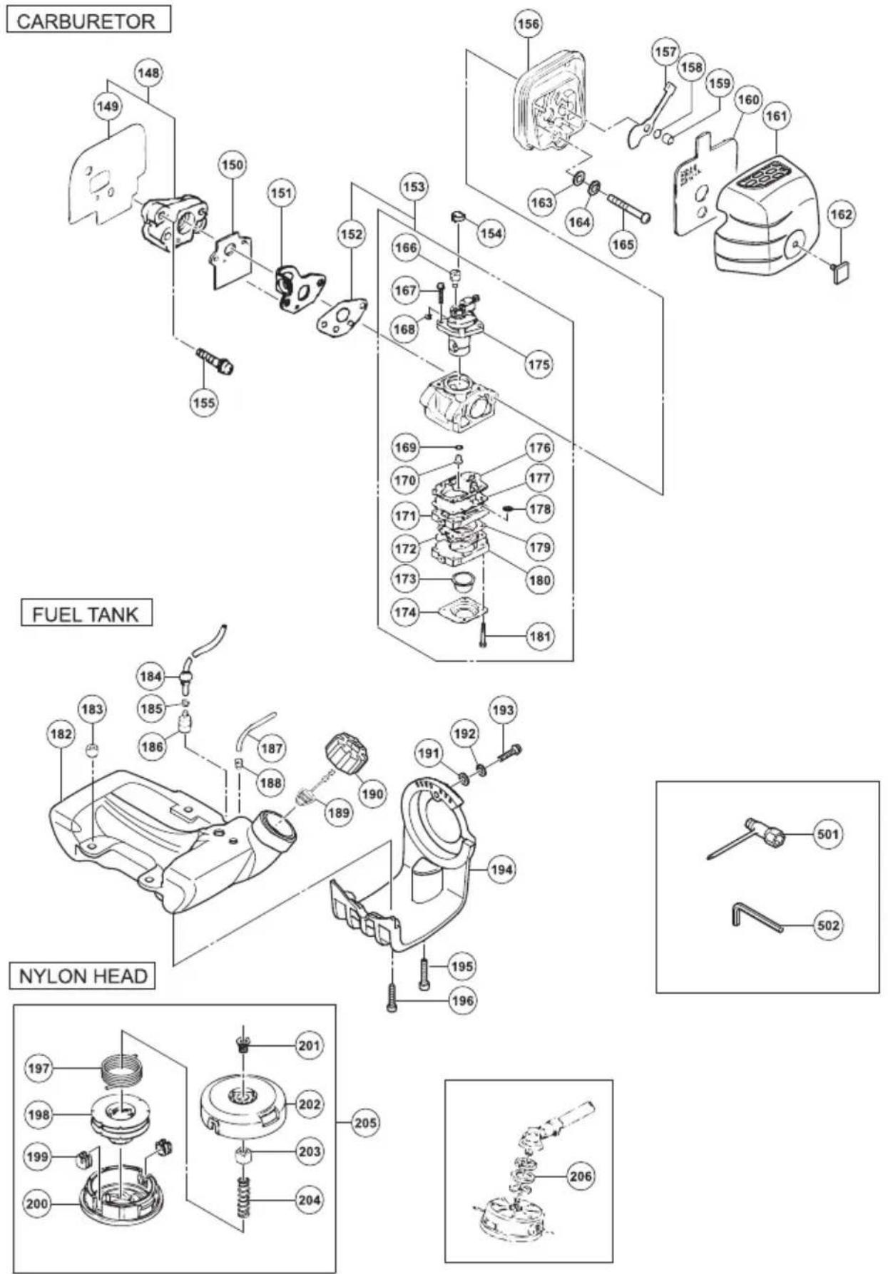 CARBURETOR 148 149 150 151 152 153 154 156 157 158 159 160 161 162 163 164 165 155 166 167 168 175 169 170 171 172 173 174 176 177 178 179 180 181 FUEL TANK 182 183 184 185 186 187 188 189 190 191 192 193 194 195 196 501 502 NYLON HEAD 197 198 199 200 201 202 203 204 205 206