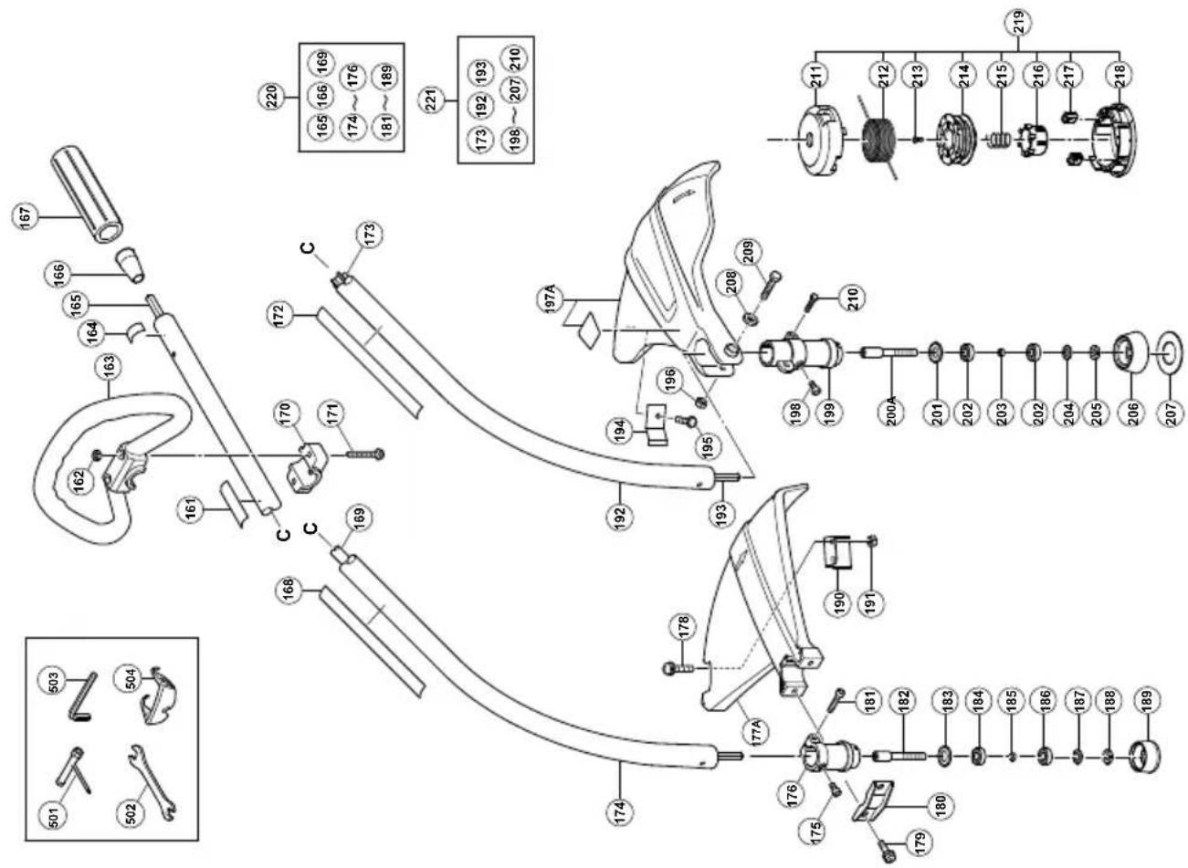 Exploded view diagram of a mechanical assembly with numbered parts and corresponding tool icons for identification.