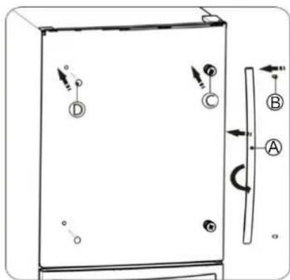 Technical diagram of a cabinet or enclosure with labeled components and directional arrows indicating movement or force vectors.