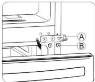 Technical diagram showing a mechanical assembly with labeled components A and B, and an arrow indicating direction of movement.