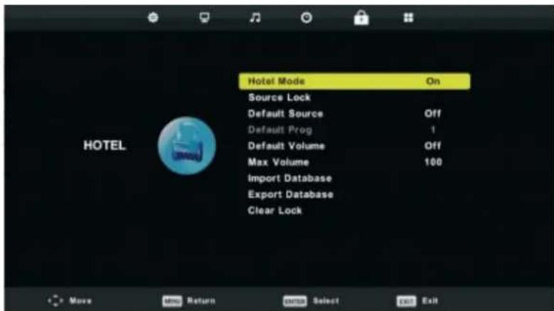 Hotel Mode On Source Lock Default Source Off Default Prog 1 Default Volume Off Max Volume 100 Import Database Export Database Clear Lock