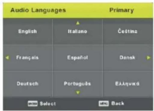 Audio Languages Primary English Italiano Čeština Français Español Dansk Deutsch Português Ελληνικά INTEL Select MENU Back