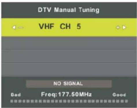 DTV Manual Tuning VHF CH 5 NO SIGNAL Dad Freq:177.50MHz Good