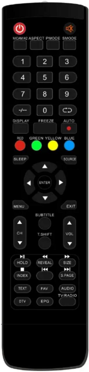 NICAM/A2 ASPECT PMODE SMODE 1 2 3 4 5 6 7 8 9 -/- 0 DISPLAY FREEZE AUTO RED GREEN YELLOW BLUE SLEEP SOURCE ENTER MENU EXIT CH T.SHIFT VOL SUBTITLE HOLD REVEAL SIZE INDEX S.PAGE TEXT FAV AUDIO DTV EPG TV/RADIO