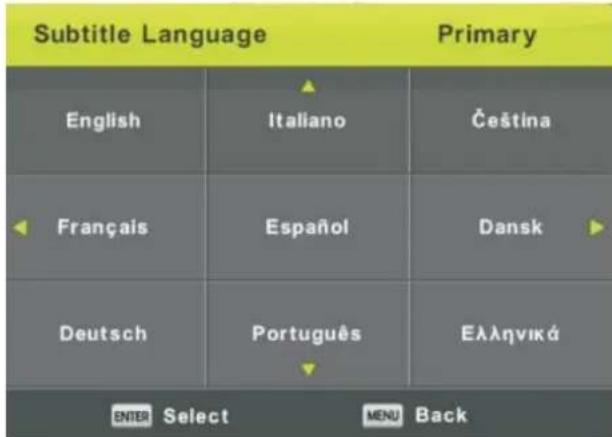Subtitle Language Primary English Italiano Čeština Français Español Dansk Deutsch Português Ελληνικά ENTER Select MENU Back