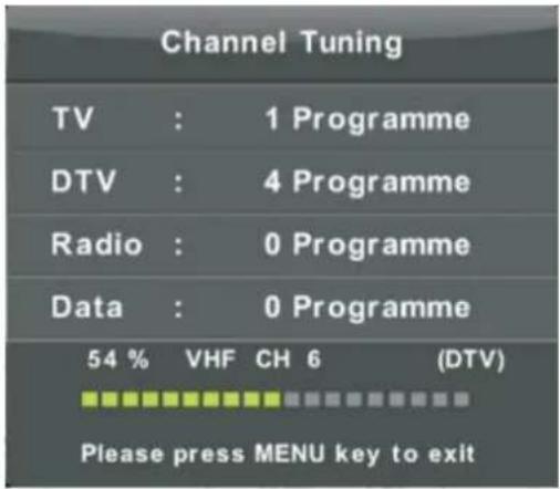 Channel Tuning TV : 1 Programme DTV : 4 Programme Radio : 0 Programme Data : 0 Programme 54 % VHF CH 6 (DTV) Please press MENU key to exit