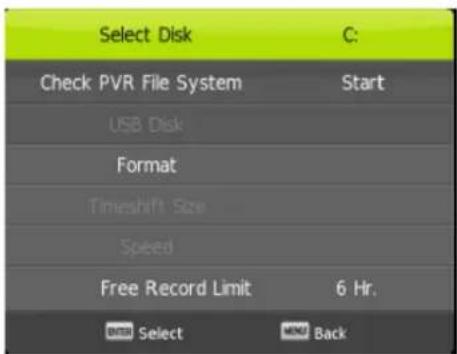 Select Disk C: Check PVR File System Start USB Disk Format Timeshift Size Speed Free Record Limit 6 Hr. OK Select OK Back