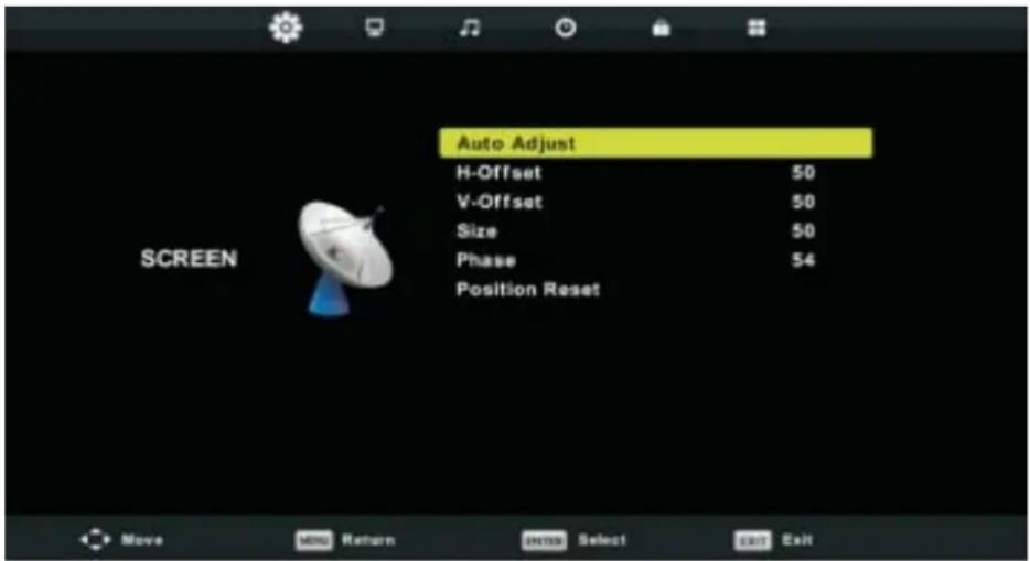 Auto Adjust H-Offset 50 V-Offset 50 Size 50 Phase 54 Position Reset SCREEN Move MIN Return Select Exit Exit
