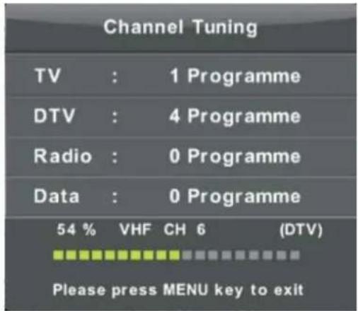 Channel Tuning TV : 1 Programme DTV : 4 Programme Radio : 0 Programme Data : 0 Programme 54 % VHF CH 6 (DTV) Please press MENU key to exit