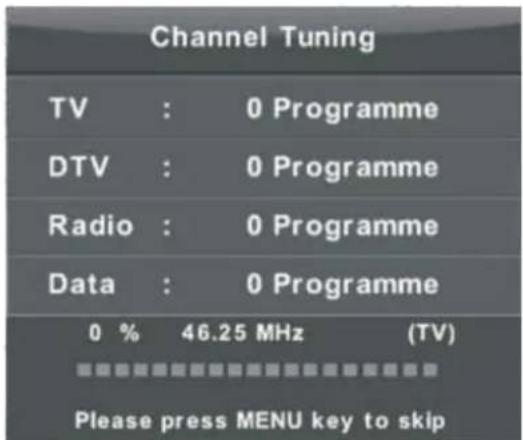 Channel Tuning TV : 0 Programme DTV : 0 Programme Radio : 0 Programme Data : 0 Programme 0 % 46.25 MHz (TV) Please press MENU key to skip