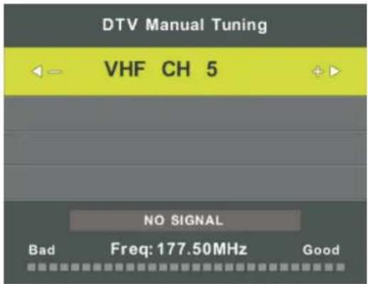 DTV Manual Tuning VHF CH 5 NO SIGNAL Bad Freq: 177.50MHz Good
