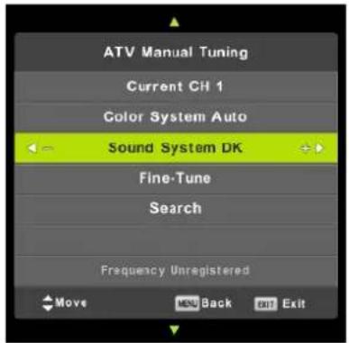 ATV Manual Tuning Current CH 1 Color System Auto Sound System DK Fine-Tune Search Frequency Unregistered Move MENU Back Exit Exit