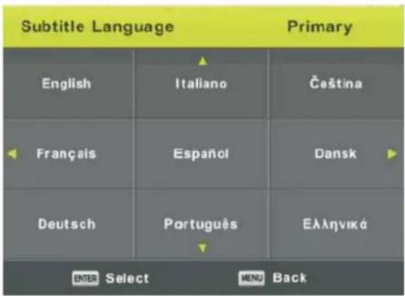 Subtitle Language Primary English Italiano Čeština Français Español Dansk Deutsch Português Ελληνικά ENTER Select MENU Back