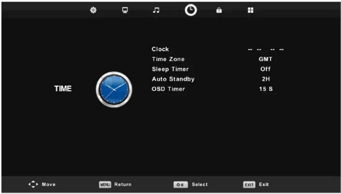 Clock Time Zone GMT Sleep Timer Off Auto Standby 2H OSD Timer 15 S TIME Move MENU Return OK Select EXIT Exit