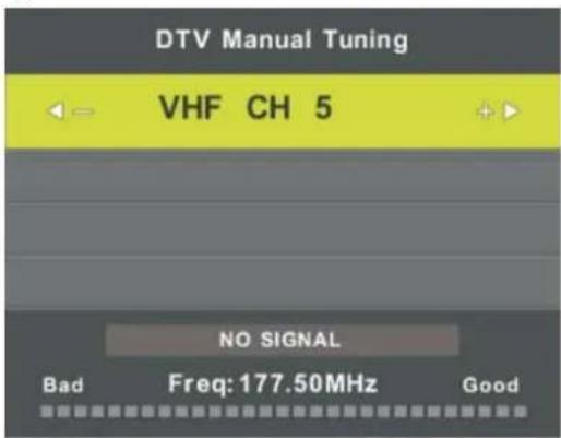 DTV Manual Tuning VHF CH 5 NO SIGNAL Bad Freq: 177.50MHz Good