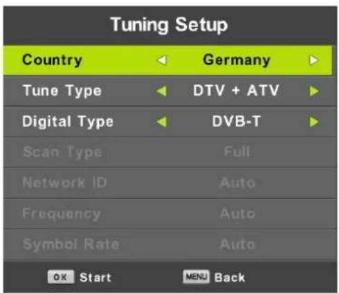 Tuning Setup Country Germany Tune Type DTV + ATV Digital Type DVB-T Scan Type Full Network ID Auto Frequency Auto Symbol Rate Auto OK Start MENU Back