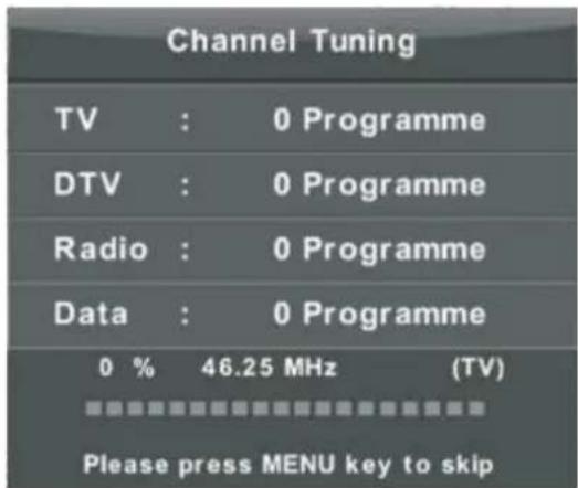 Channel Tuning TV : 0 Programme DTV : 0 Programme Radio : 0 Programme Data : 0 Programme 0 % 46.25 MHz (TV) Please press MENU key to skip
