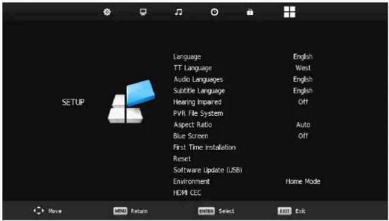 Language TT Language Audio Languages Subtitle Language Hearing Impaired PVR File System Aspect Ratio Blue Screen First Time Installation Reset Software Update (USB) Environment HDMI CEC English West English English Off Auto Off Home Mode Move MENU Return ENTER Select EXIT Exit