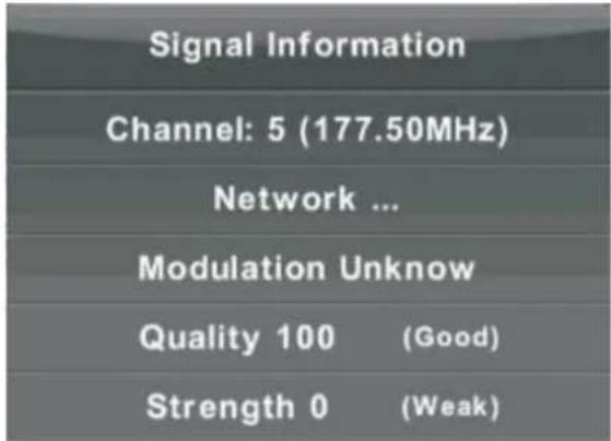 Signal Information Channel: 5 (177.50MHz) Network ... Modulation Unknow Quality 100 (Good) Strength 0 (Weak)