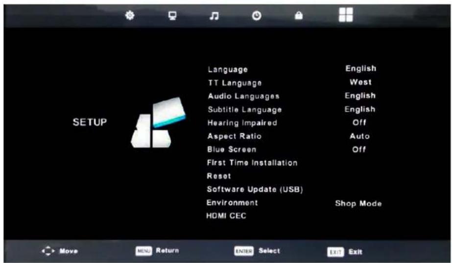 Language TT Language Audio Languages Subtitle Language Hearing Impaired Aspect Ratio Blue Screen First Time Installation Reset Software Update (USB) Environment HDMI CEC English West English English Off Auto Off Shop Mode SETUP Move MENU Return ENTER Select EXIT Exit