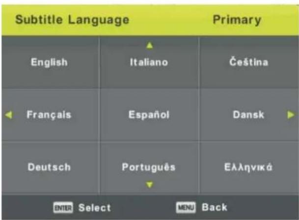 Subtitle Language Primary English Italiano Čeština Français Español Dansk Deutsch Português Ελληνικά ENTER Select MENU Back