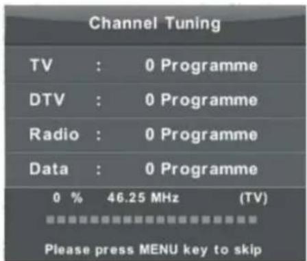Channel Tuning TV : 0 Programme DTV : 0 Programme Radio : 0 Programme Data : 0 Programme 0 % 46.25 MHz (TV) Please press MENU key to skip