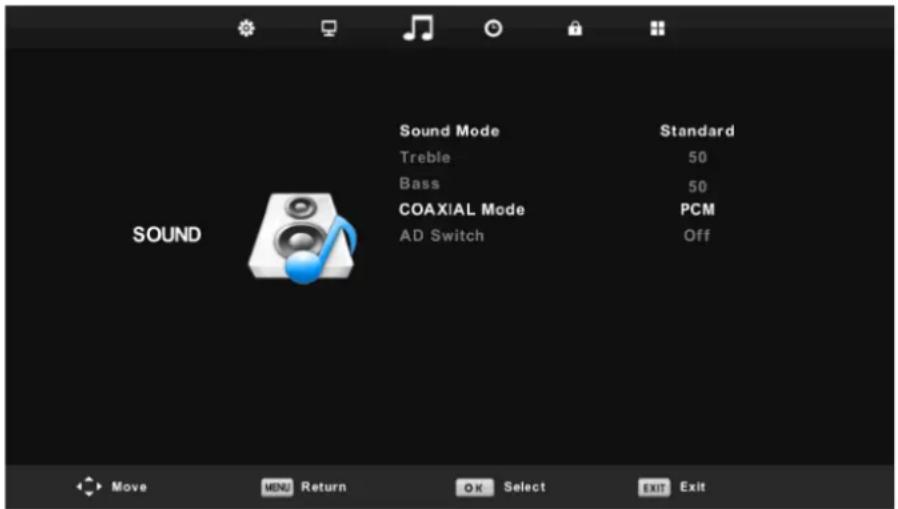 Sound Mode Treble Bass COAXIAL Mode AD Switch Standard 50 50 PCM Off SOUND Move MENU Return OK Select EXIT Exit