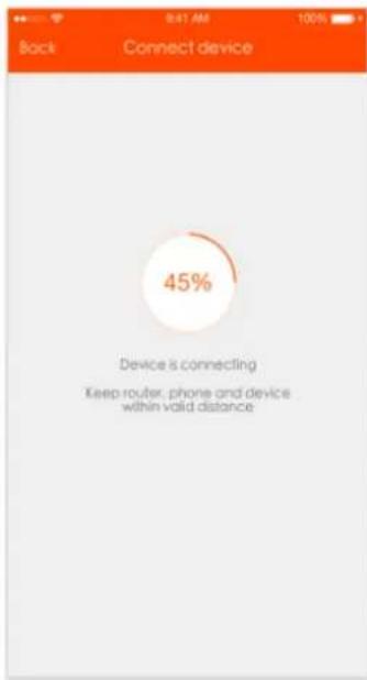 Back 8:41 AM 100% Connect device 45% Device is connecting Keep router, phone and device within valid distance