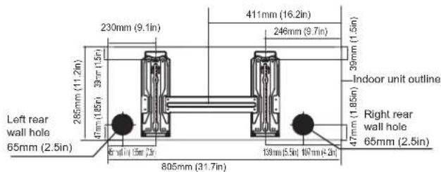 230mm (9.1in) 411mm (16.2in) 246mm (9.7in) 285mm (11.2in) 39mm (1.5in) 47mm (1.85in) 47mm (1.5in) 65mm (2.5in) 805mm (31.7in) Indoor unit outline Right rear wall hole 65mm (2.5in) 130mm (5.5in) 107mm (4.2in) 47mm (1.85in)
