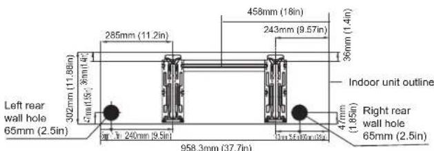 Left rear wall hole 65mm (2.5in) 302mm (11.88in) 45mm(15c; 36mm(4c) 285mm (11.2in) 240mm (9.5in) 958.3mm (37.7in) 458mm (18in) 243mm (9.57in) 36mm (1.4in) Indoor unit outline Right rear wall hole 65mm (2.5in) 4.7mm (1.85in)