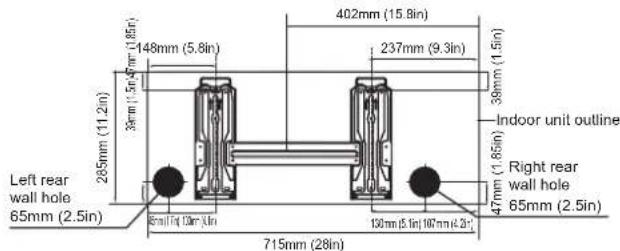 Left rear wall hole 65mm (2.5in) 285mm (11.2in) 39mm (1.5in) 402mm (15.8in) 148mm (5.8in) 237mm (9.3in) 39mm (1.5in) Indoor unit outline Right rear wall hole 65mm (2.5in) 47mm (1.85in) 100mm (5.1in) 100mm (4.2in) 715mm (28in)