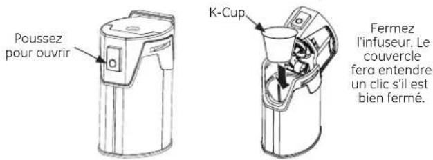 Poussez pour ouvrir K-Cup Fermez l'infuseur. Le couvercle fera entendre un clic s'il est bien fermé.