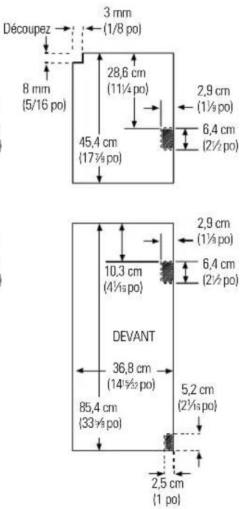 Découpez 3 mm (1/8 po) 8 mm (5/16 po) 28,6 cm (11½ po) 45,4 cm (17½ po) 2,9 cm (1½ po) 6,4 cm (2½ po) 10,3 cm (4½s po) 2,9 cm (1½ po) 6,4 cm (2½ po) DEVANT 36,8 cm (14½s po) 85,4 cm (33½ po) 5,2 cm (2½s po) 2,5 cm (1 po)